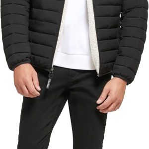Men's Hooded Down Jacket, Quilted Coat, Sherpa Lined, Ebony, Large
