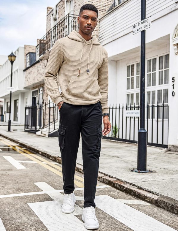 Mens Hoodies Sweatshirts Long Sleeve Fashion Waffle Knit Pullover Hoodie with Pocket - Image 2